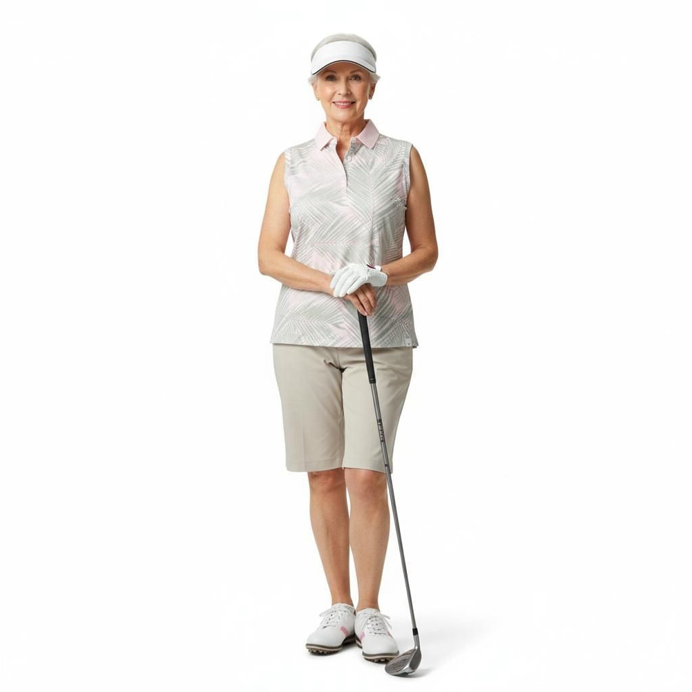 Lady Hagen Sleeveless Golf Pink Green Palm Leaf Polo - Medium